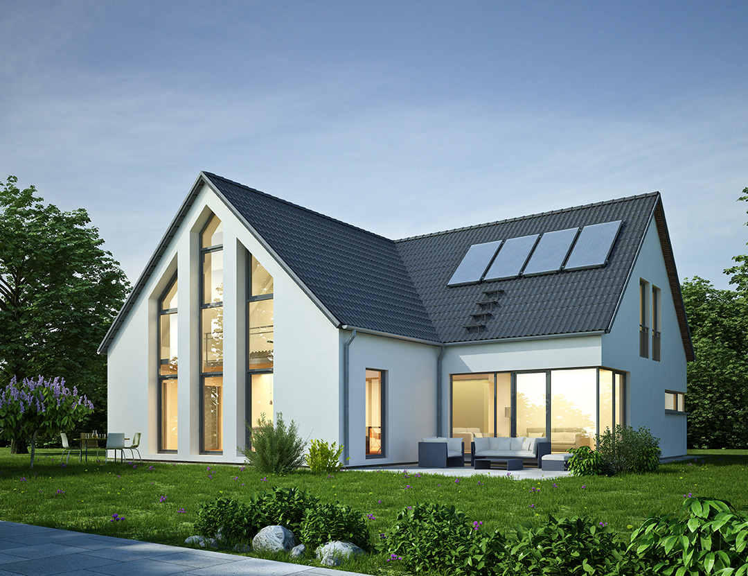 Bild eines modernen Hauses mit stilvoller Architektur und Solarpanelen auf dem Dach